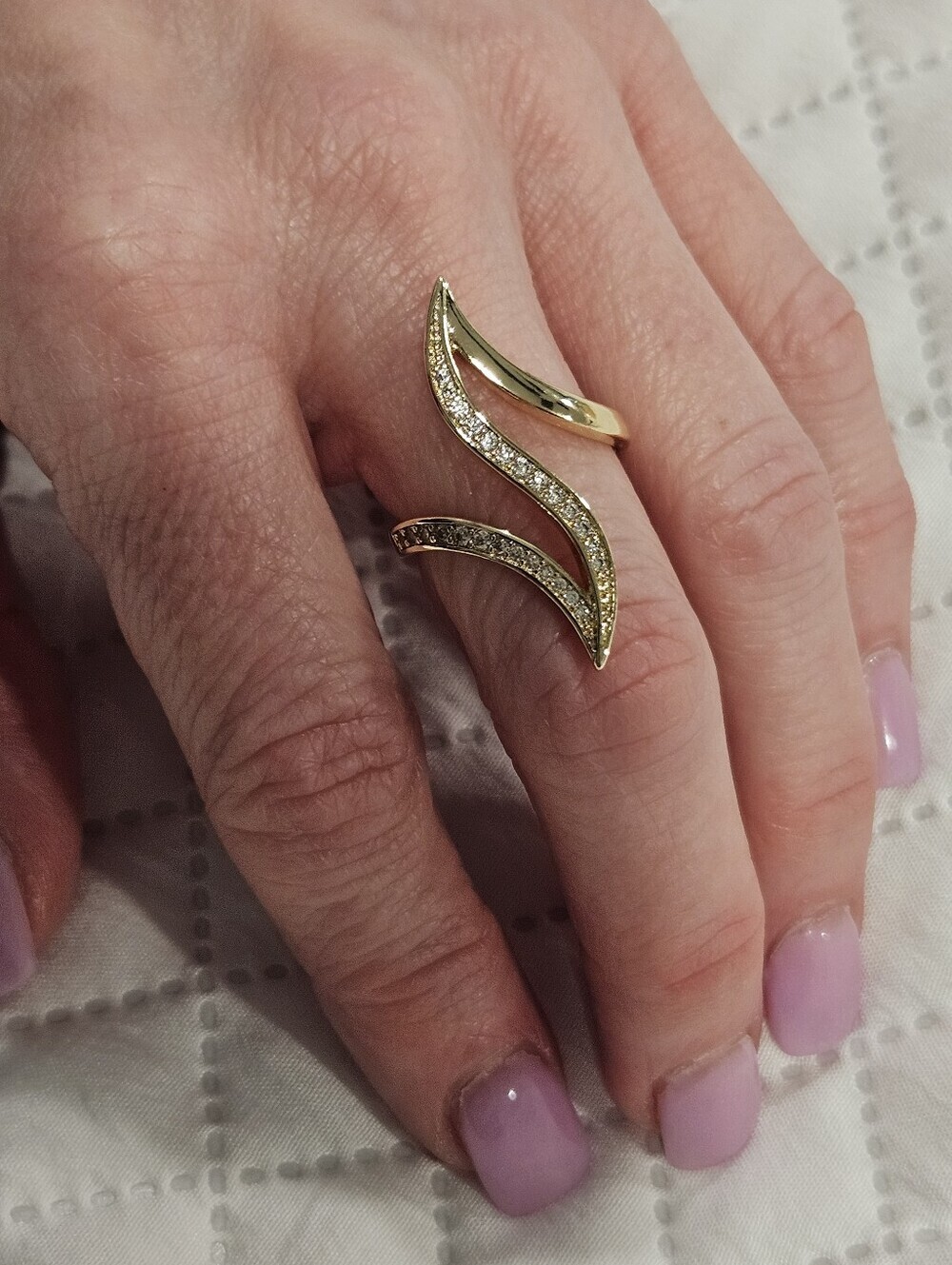 NEW Gold Plated CZ Wave Statement Ring | Open Wrap Design | Size 7